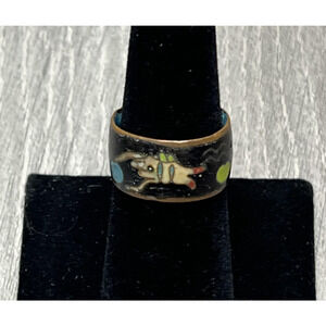 Cloisonne Enamel‎ Wide Band Ring Black Blue Dog Animal Design Unisex Art READ